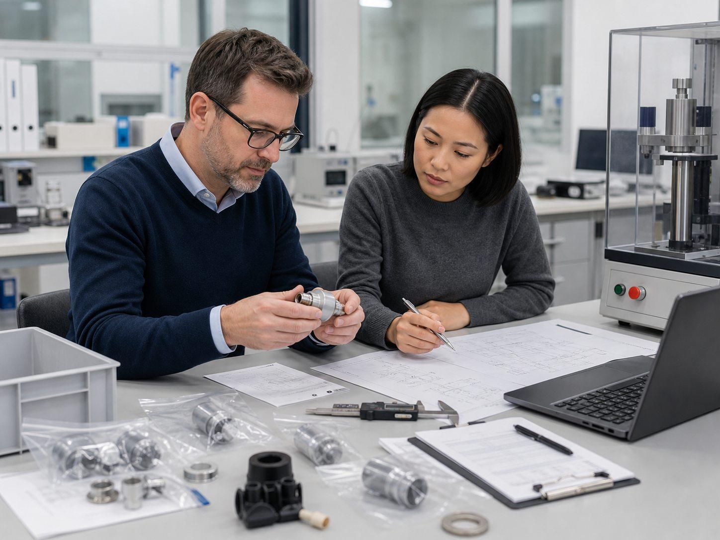 Technical reviewers comparing product samples with certification evidence