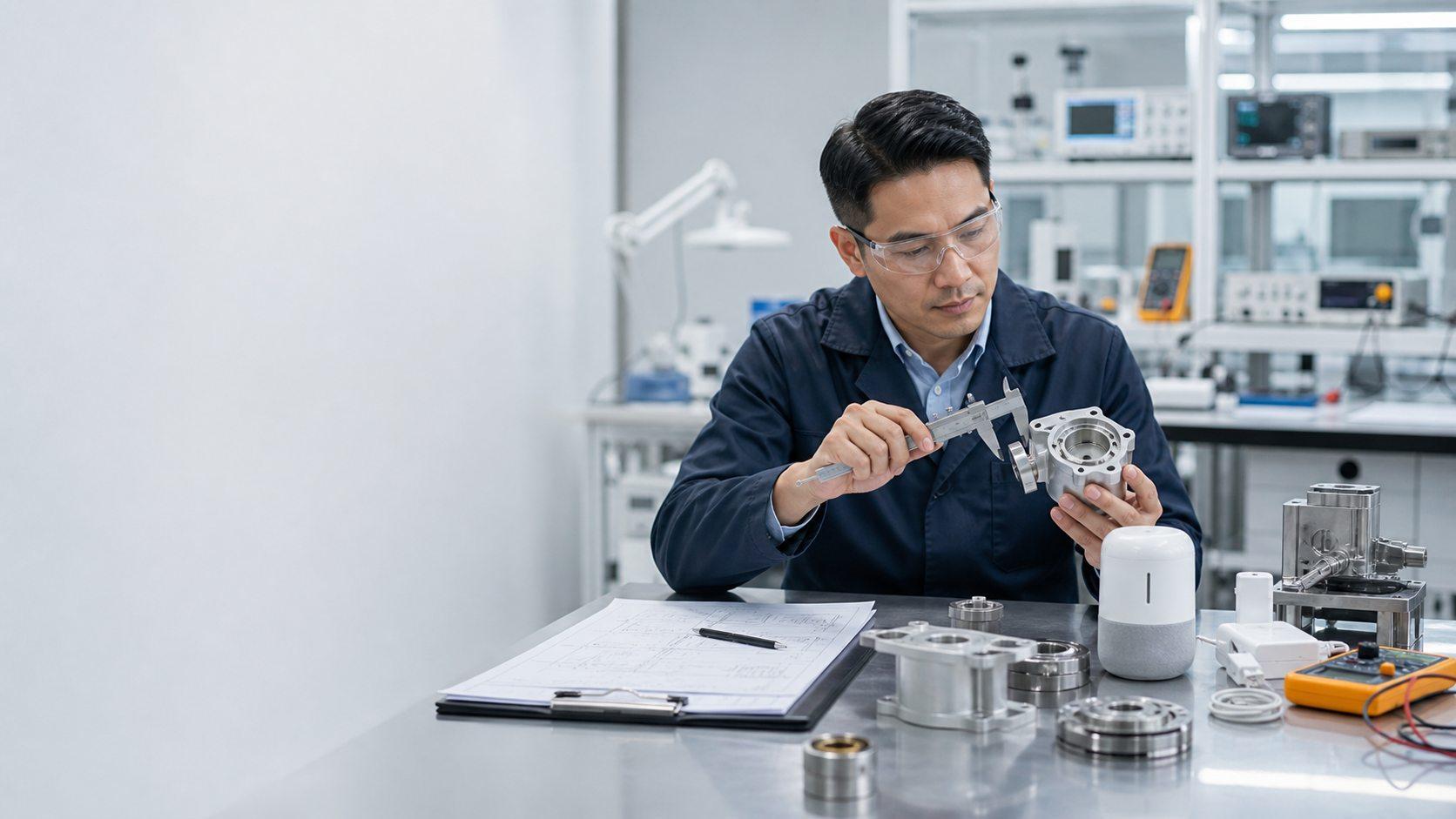 Product certification engineer inspecting components in a technical evaluation laboratory