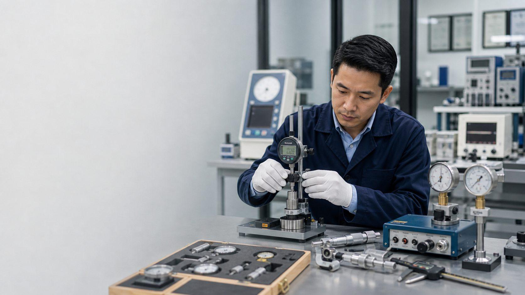 Calibration technician verifying measuring instruments in a metrology laboratory
