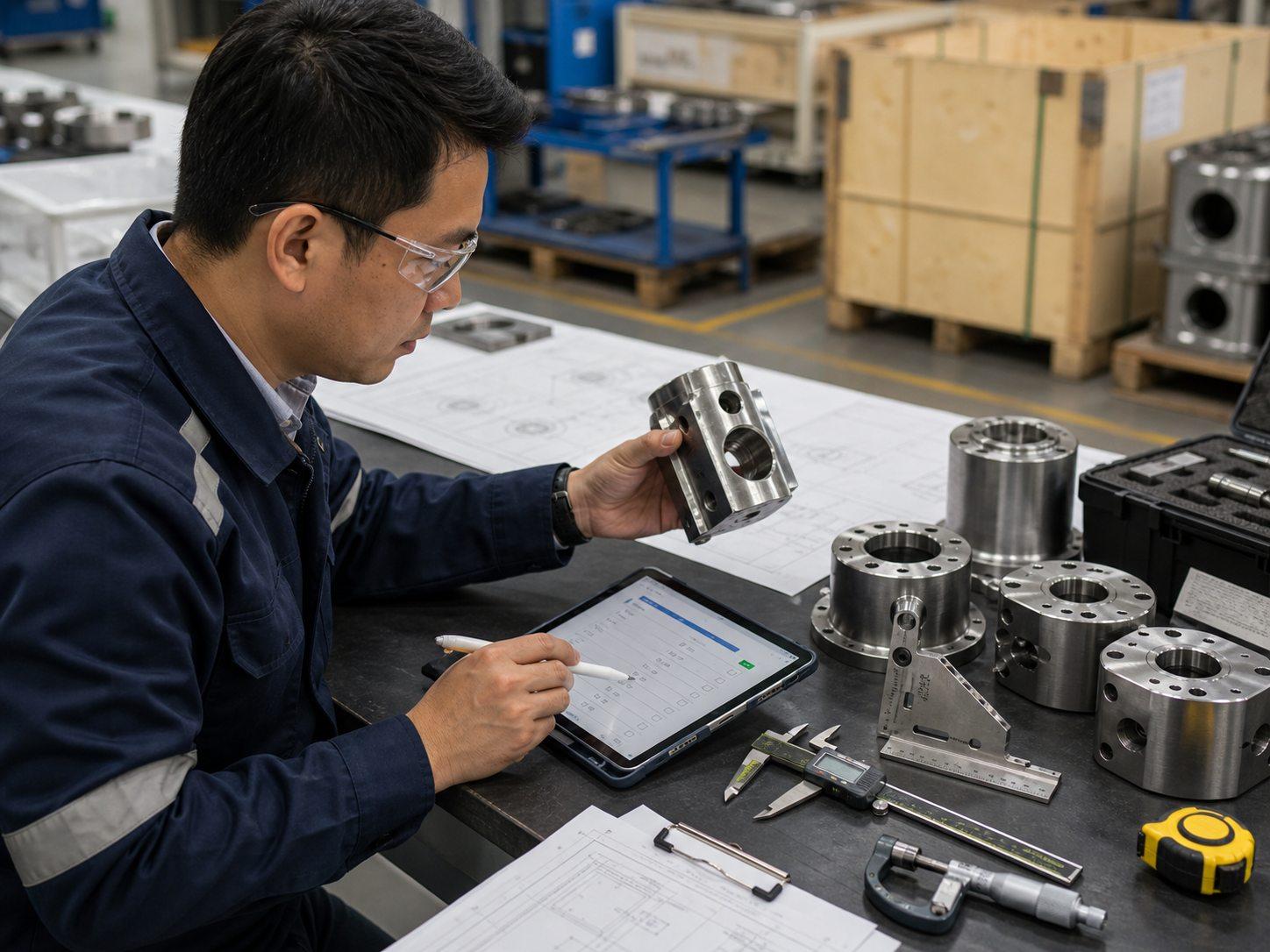 Inspector documenting dimensions and visual condition during pre-dispatch inspection